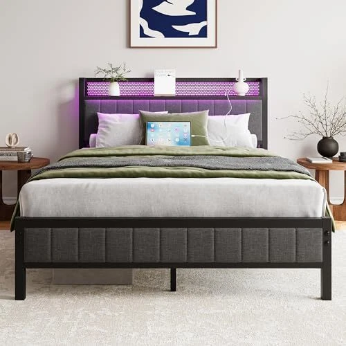 SIZE BED FRAME with Storage Headboard/LED Lights,Heavy Duty Metal Full