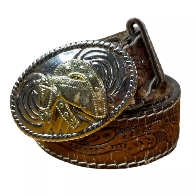 Western Kids Size S 20/22 Leather Belt Hand Embossed Split Cowhide 2-Tone Buckle
