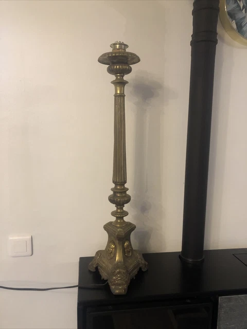 Ancien Grand Pied De Lampe Imitation Bronze Laiton Christ Vierge Saint