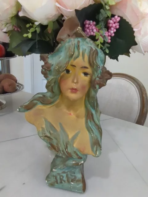 Antique Victorian Art Nouveau Plaster Chalkware Bust Statue Woman iris