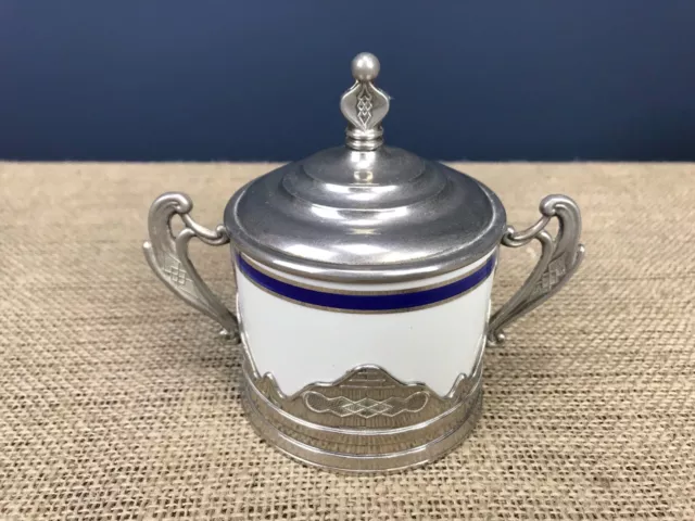 Vintage Weidmann Blue & White Porcelain Twin Handled Pewter Sugar Bowl 2