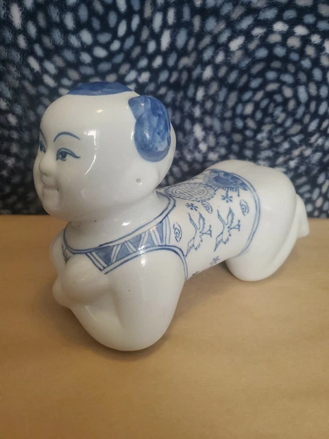 Vintage Asian Chinese Porcelain Headrest  Pillow Opium Cobalt Blue Decorated