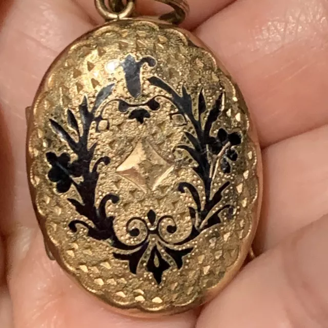 Antique 14K Gold Filled Taille d' epargne Black Enamel Photo Locket Pendant