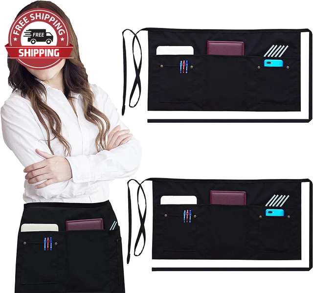 Server Aprons with 5 Pockets (2 Pack) – Commercial Grade Black Waist Aprons for