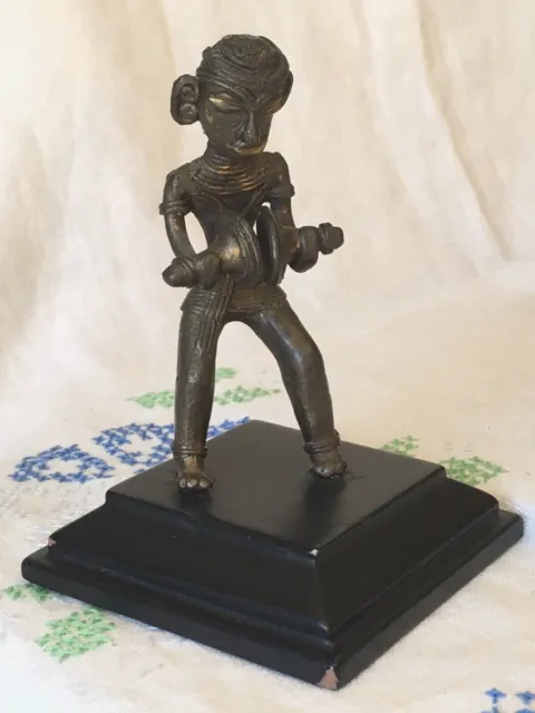 Vintage India Dhokra Lost Wax Brass Metal Musician Figure with cymbals Jhanj