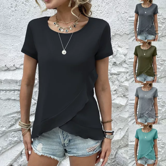 Damen Rüschen Kurzarm T-Shirt Sommer Bluse Freizeit Hemd Slim Tops Oberteile DE