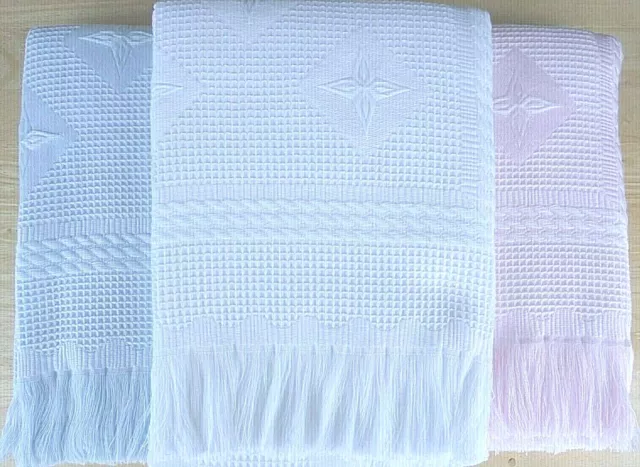 Baby Knitted Shawl Blanket White Pink Blue Star Heart Pattern Fringe 122 x 122cm