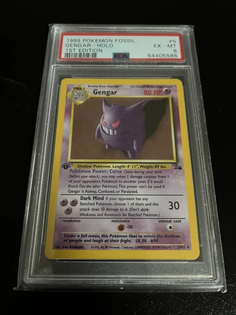 PSA 6 1. Auflage Gengar Holo 5/62 Fossil Set Pokémon Karte 1999 WOTC selten BGS