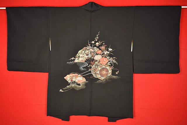 Vintage Japanese Kimono Silk Antique BORO Black HAORI Kusakizome Woven/A880/570