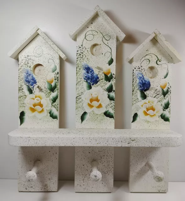 Wooden Hand Painted Flowers Speckled Birdhouse Multicolor 3 Key Hook Rack Holder