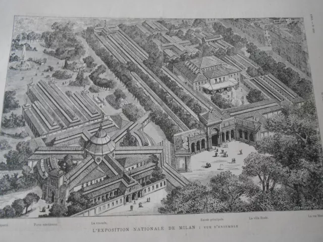 Gravure 1881 - L'exposition nationale de Milan vues d'ensemble