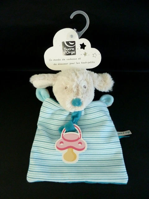 * Doudou Plat Sucre D'orge Mouton Chien Bleu Vert Raye  Atache Tetine 100%Neuf