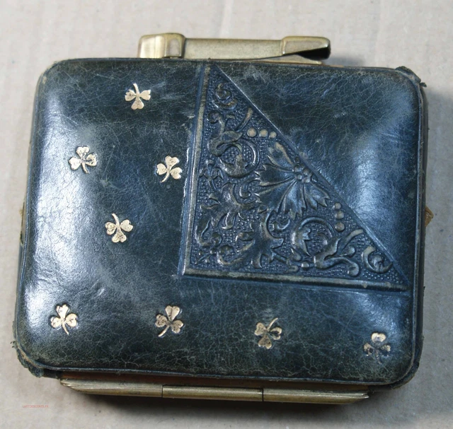 Porte-monnaie Cuir XIXe – Fleur Cuivre – 3 Soufflets – Miniature Ancien Femme