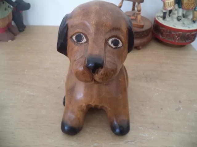 Vintage Wood DOG/PUPPY Figurine Cute Hand Carved Brown Statue 6"  FOLK ARTSIE