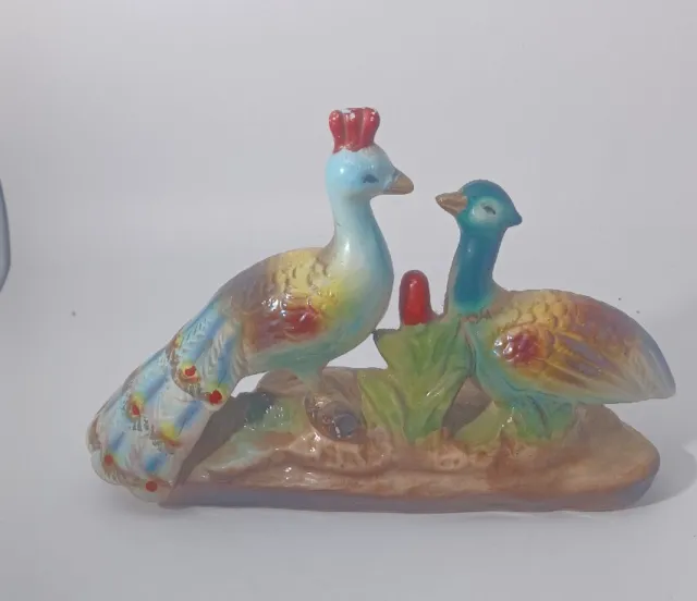 Vintage Ceramic Courting Peacocks figurine Mcm Luster Pheasant Love Birds
