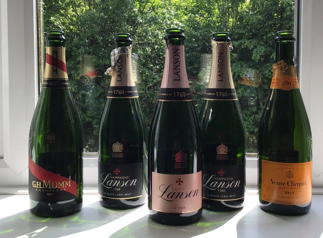 5 Champagne Empty Bottles, Mumm, Veuve Clicquot, Lanson, Pink Lanson