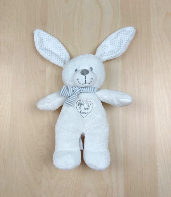 Doudou peluche lapin blanc mon petit coeur écharpe rayée gris Pommette