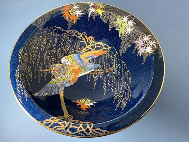 Beautiful Large Art Deco Carlton Ware Blue Lustre Enamel Sketching Bird Bowl