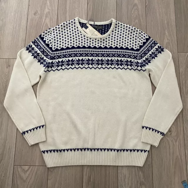 SAMUEL WINDSOR Jumper Talla XL Azul Hadas Crema Cuello Redondo Lana Algodón Nuevo con Etiquetas