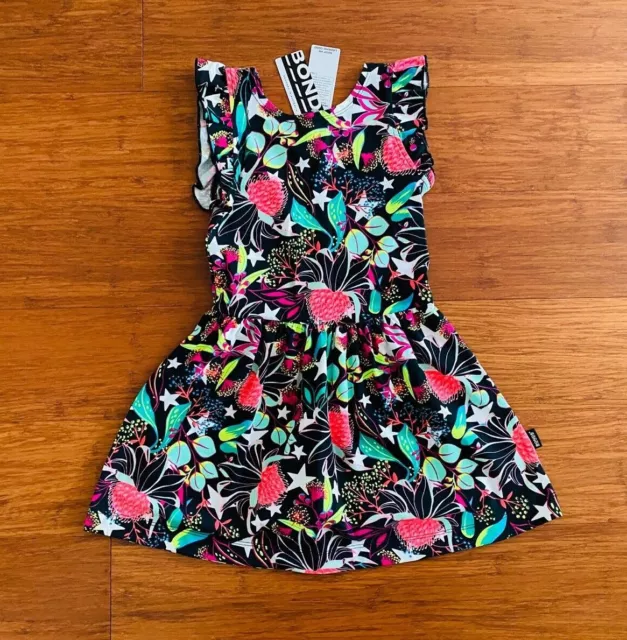 Bonds Waratah Wonder Black Green Star Floral Frill Hipster Dress Size 4 BNWT