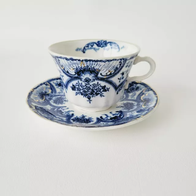 Vintage Flow Blue Teacup/Saucer J&G Meakin, Embossed w/Gold Accents, England