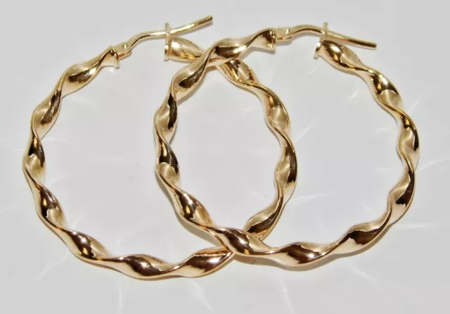 9ct Yellow Gold & Silver Ladies Fancy Twist Hoop Earrings - Size Large