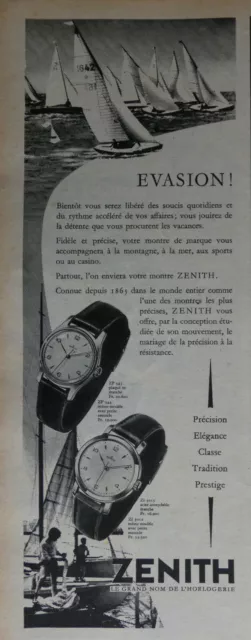 Publicité De Presse 1956 Montres Zenith Évasion Précision Élégantce - Voilier