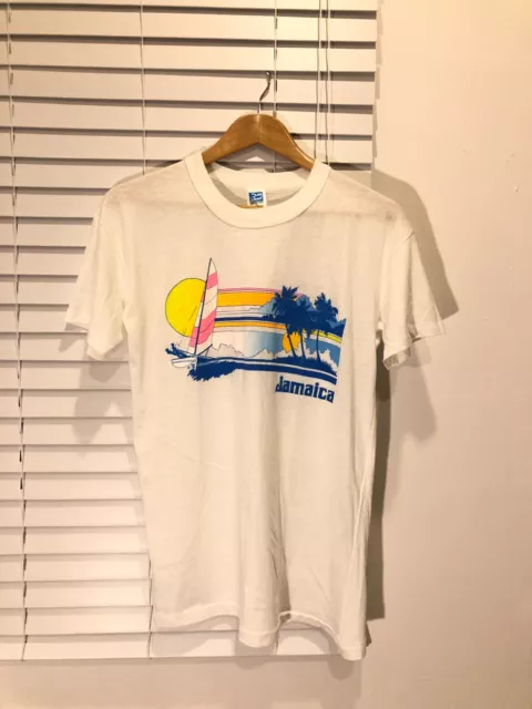 Vintage T-Shirt Single Stitch Jamaica Sailing Sun Island Beach White Size L