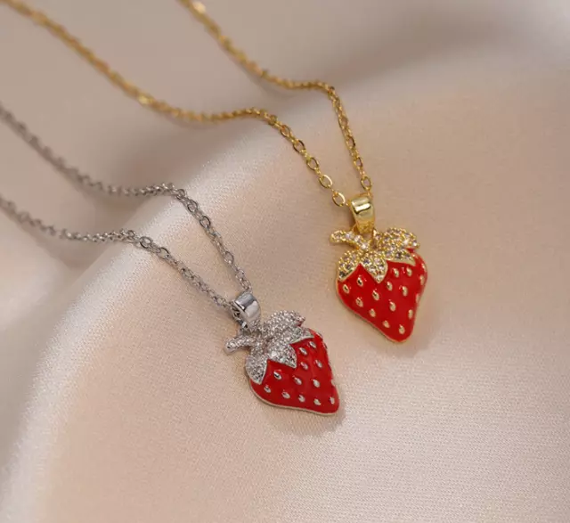 Titanium Silver/Gold Red Strawberry Pave CZ Pendant Chain Necklace