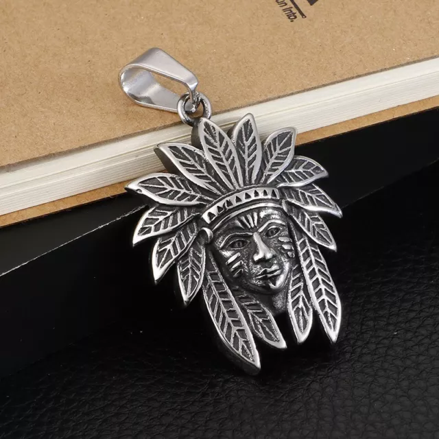 Mens Stainless Steel Native American Indian Biker Chief Pendant Necklace 3