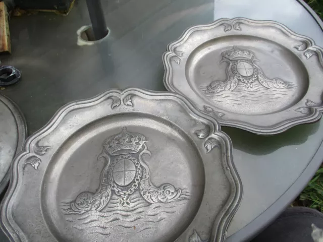 PAIR ANTIQUE FRENCH 18th C PEWTER ARMORIAL PLATES