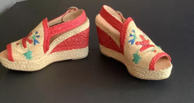 Robert  Clergerie Waya cream red straw raffia espadrille platform wedge size 2