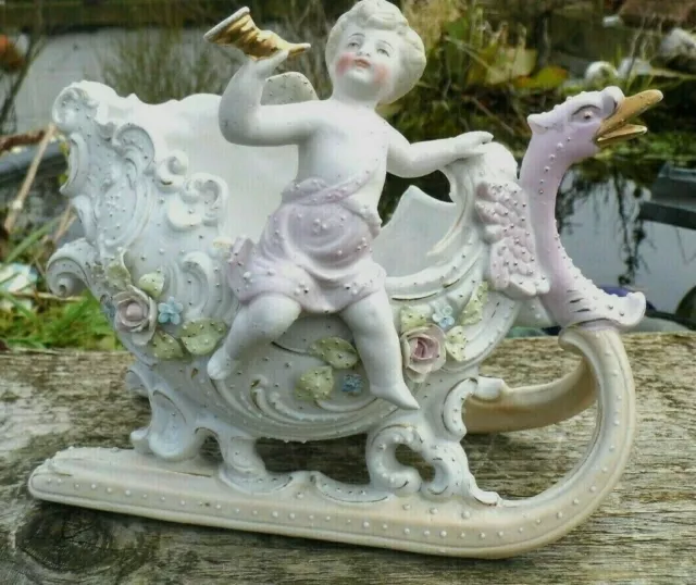 SWAN Troika with Putto Victorian 19th century German porcelain sledge 20 cm