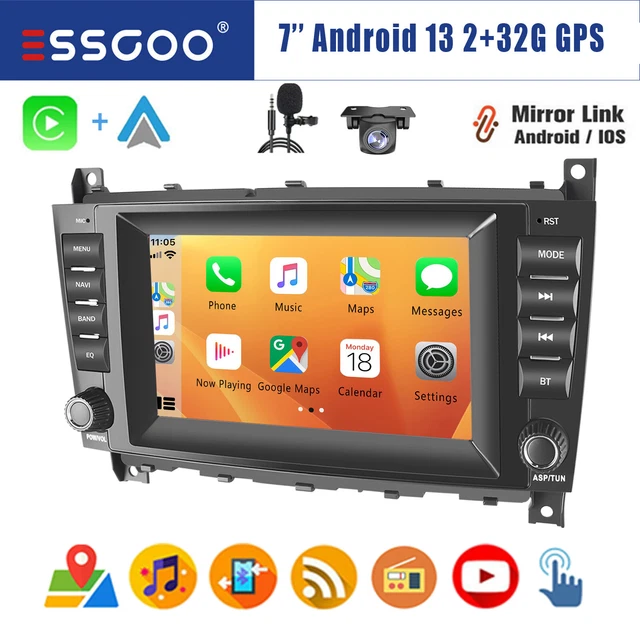 Autoradio 7"" CarPlay Android 13 32G GPS CAAM per Mercedes CLK/C Classe W203 W209