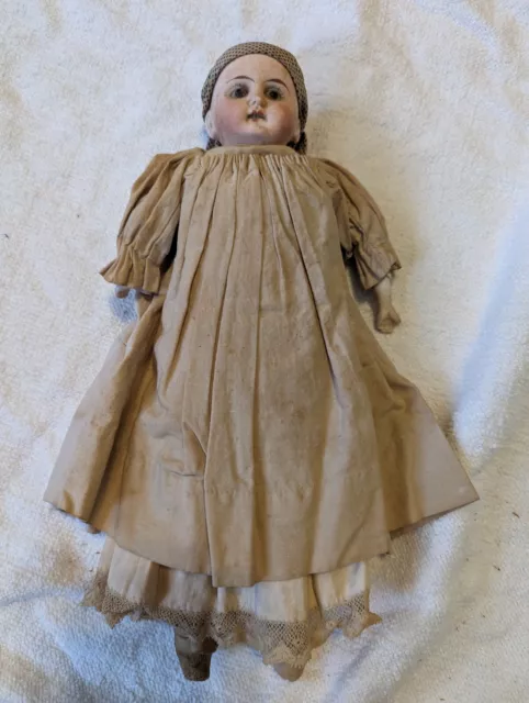 Antique 11" Doll  5/0 Bisque Head Hands Leather Cloth Body orig Clothes 1800s?
