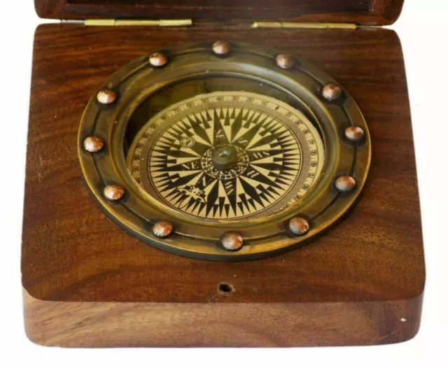 Antique Brass Nautical Wooden Desk Compass With Maritime Clock Gift Desk Pocket