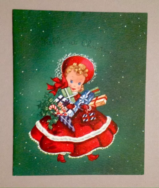 Red Green Girl Child Gifts Vintage Mid-Century Xmas Card Hawthorne Sommerfield