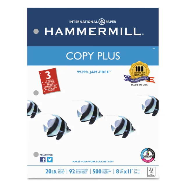 Hammermill Copy Plus Copy Paper 3-Hole Punch 92 Brightness 20lb Ltr White 500