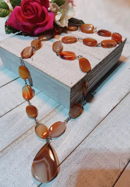 Vintage Natural Carnelian Striped Agate Polished Wire Wrapped Beads Necklace