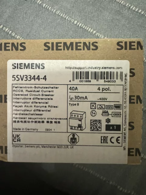 Siemens 5SV3344-4 FI-Schutzschalter, 4-polig, Typ B - 40A