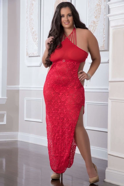 2 Pc. Shoulder-Baring Laced Night Dress, Queen Size, Red