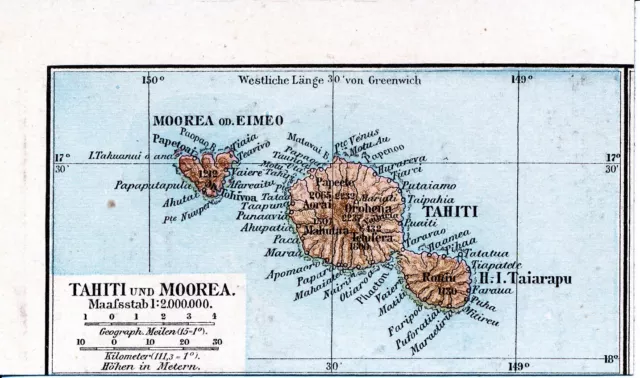 PF Tahiti Polynésie française 1881 kl. orig. Atlas-Karte Taiarapu Moorea Papeete
