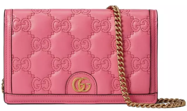 New Gucci Pink Gg Matelasse Signature Leather Chain Wallet Clutch Bag W/Box New Gucci Pink Gg Matelasse Signature Leather Chain Wallet Clutch Bag W/Box