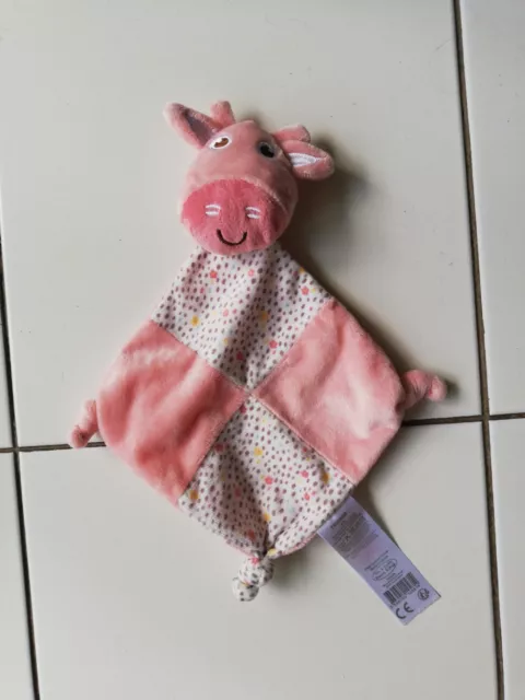 Doudou Tom & Kiddy Bisous D'ange Plat Rose Vache Grelot Fleurs Blanc Marron