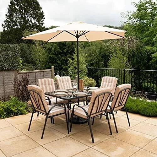 GLASS DINING TABLE Chairs Cushions Parasol and Parasol Weight