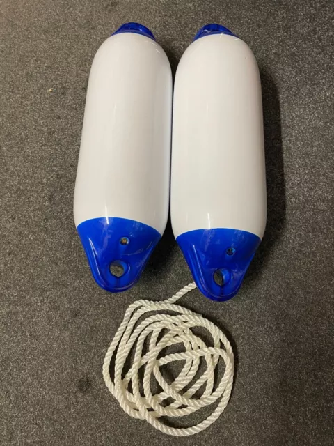 2 X Majoni White  Blue Boat Fenders Inflated 45cm 18" With Free Rope Size 1 FF4