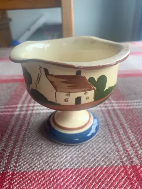 Watcombe Pottery Torquay Motto Ware Sugar Bowl On Foot With Rural Idyll Scene.