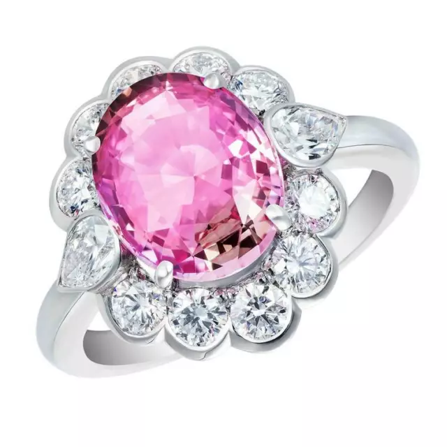 Elegant Huge Oval 4.16CT Rose Pink Sapphire With Genuine CZ Halo Fabulous Ring