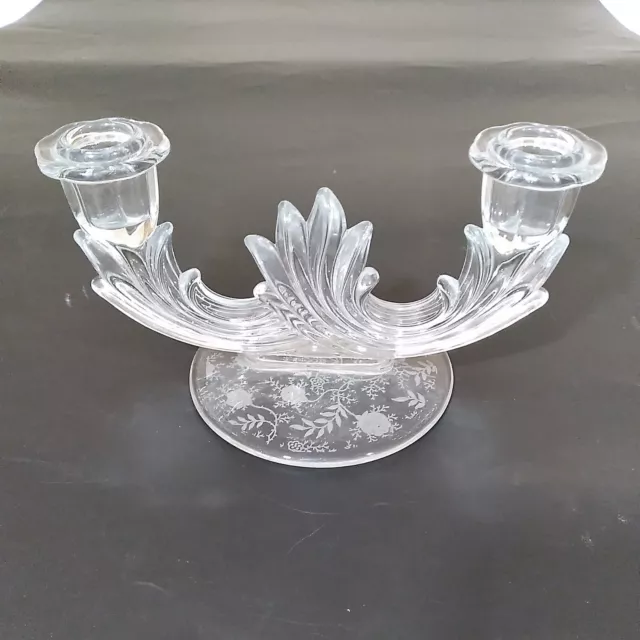 Fostoria Corsage Clear Glass Double Candle Holder Regency Baroque Etched vintage