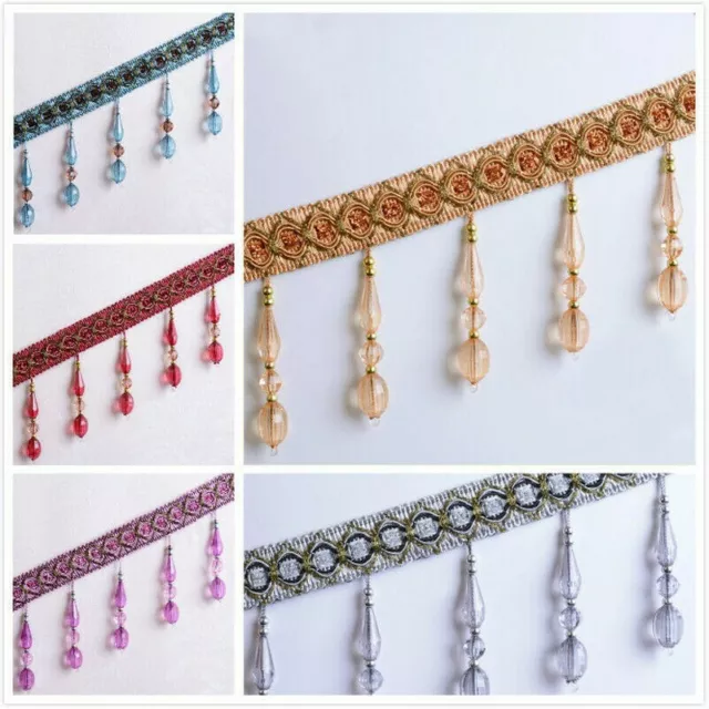 12 Metres Curtain Tassel Crystal Beaded Fringe Trim Upholstery Sewing Ribbon